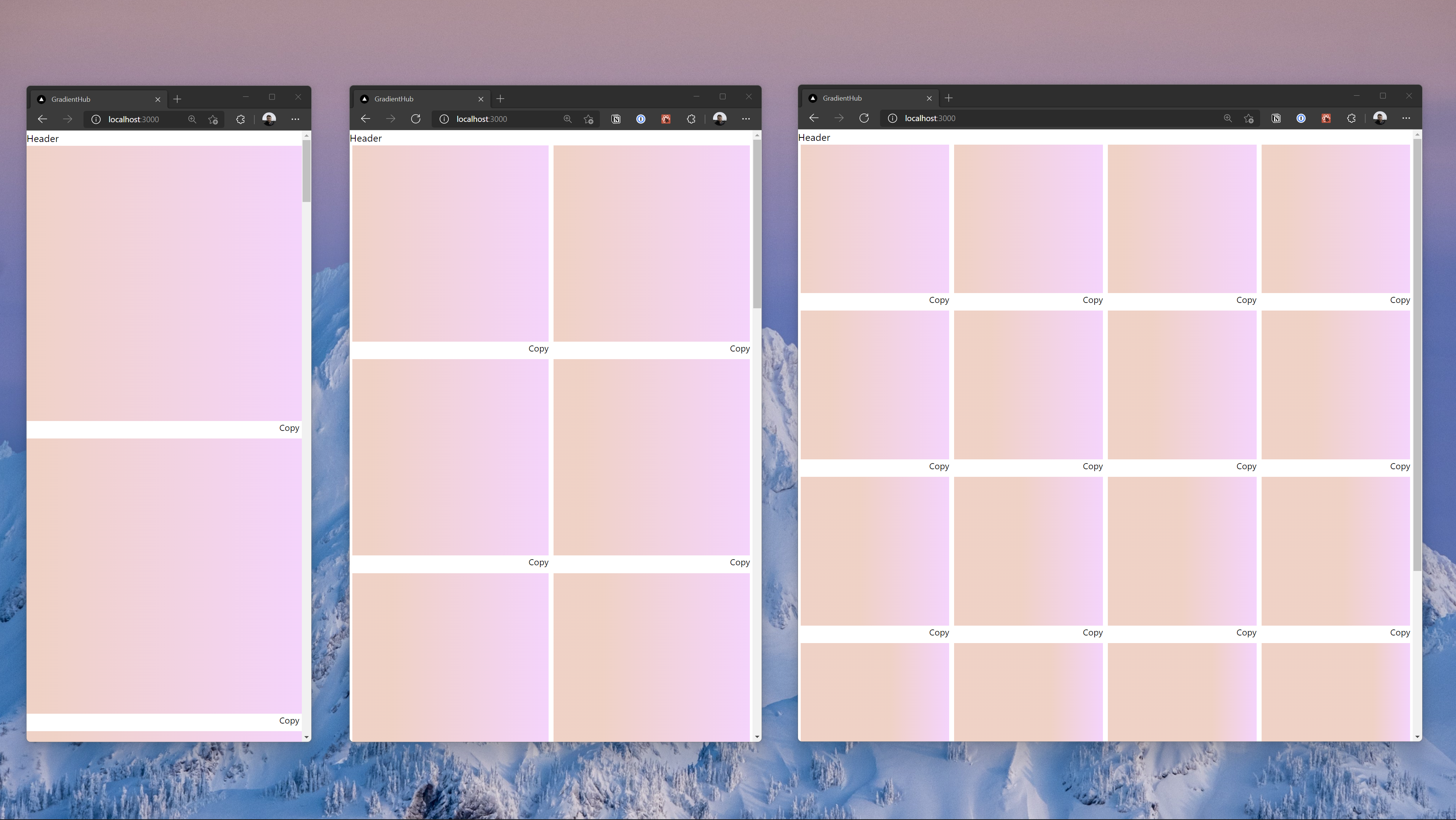 Three browsers of different sizes where the gradient preview scales from a single column to a grid.