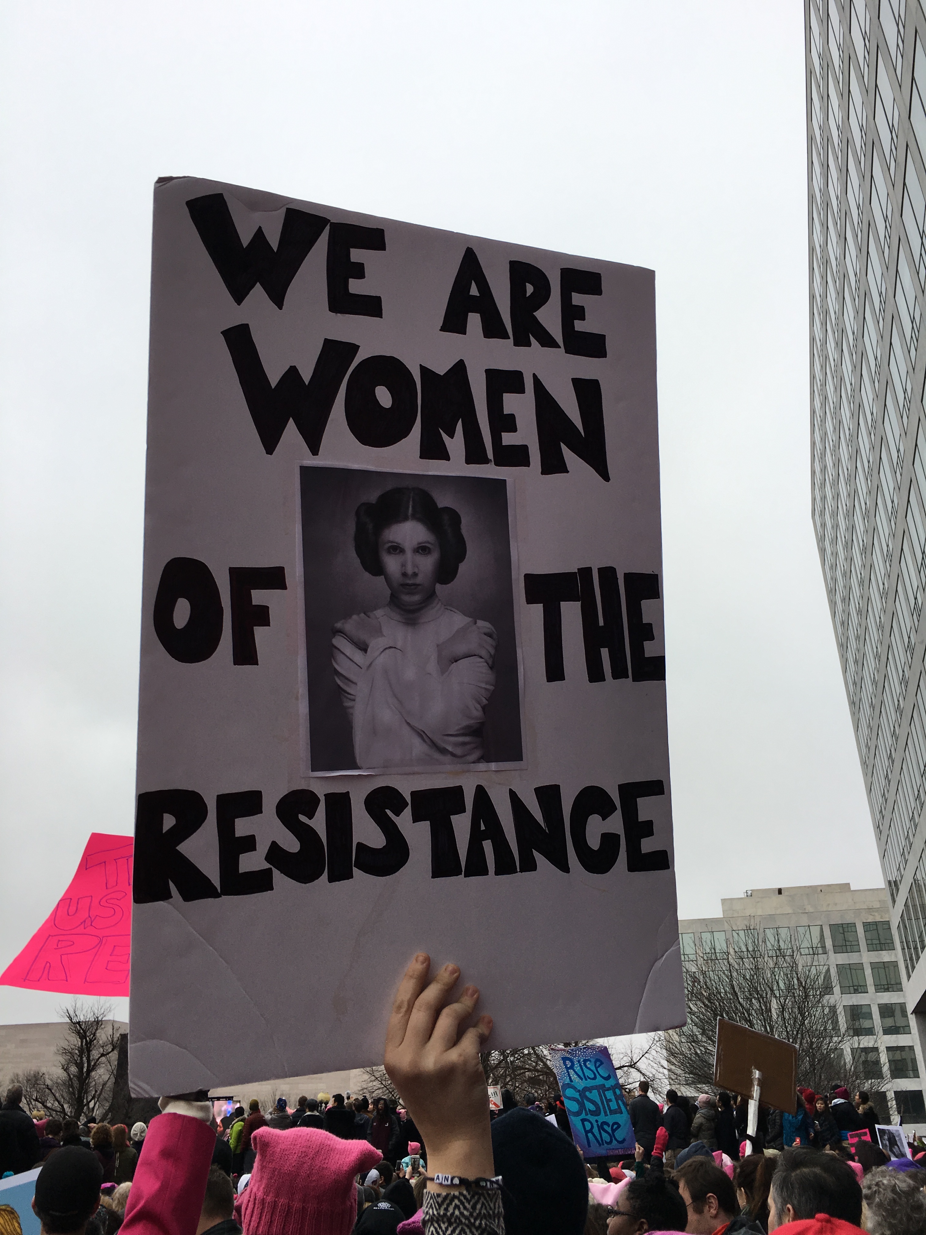 A sign with a picture of Princess Leia that reads "We are the women of the resistance"