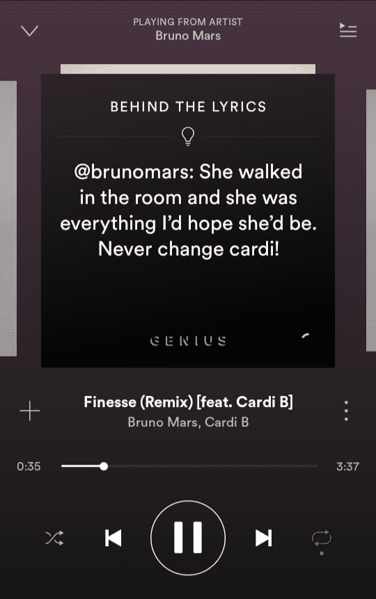 Screenshot of Spotify app showing the feature called Behind The Lyrics
