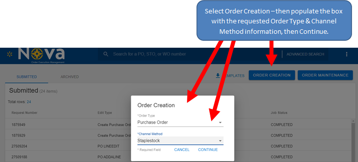 Finalize the PO Creation process by uploading the template
