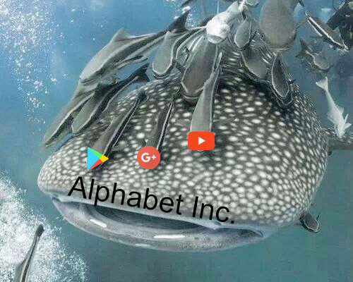 A whale shark with small fish adhered to the top of it. YouTube, Google Play, and Google Plus logos are superimposed on the small fish heads