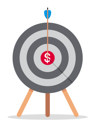 Dartboard with an arrow hitting the center of a dollar sign