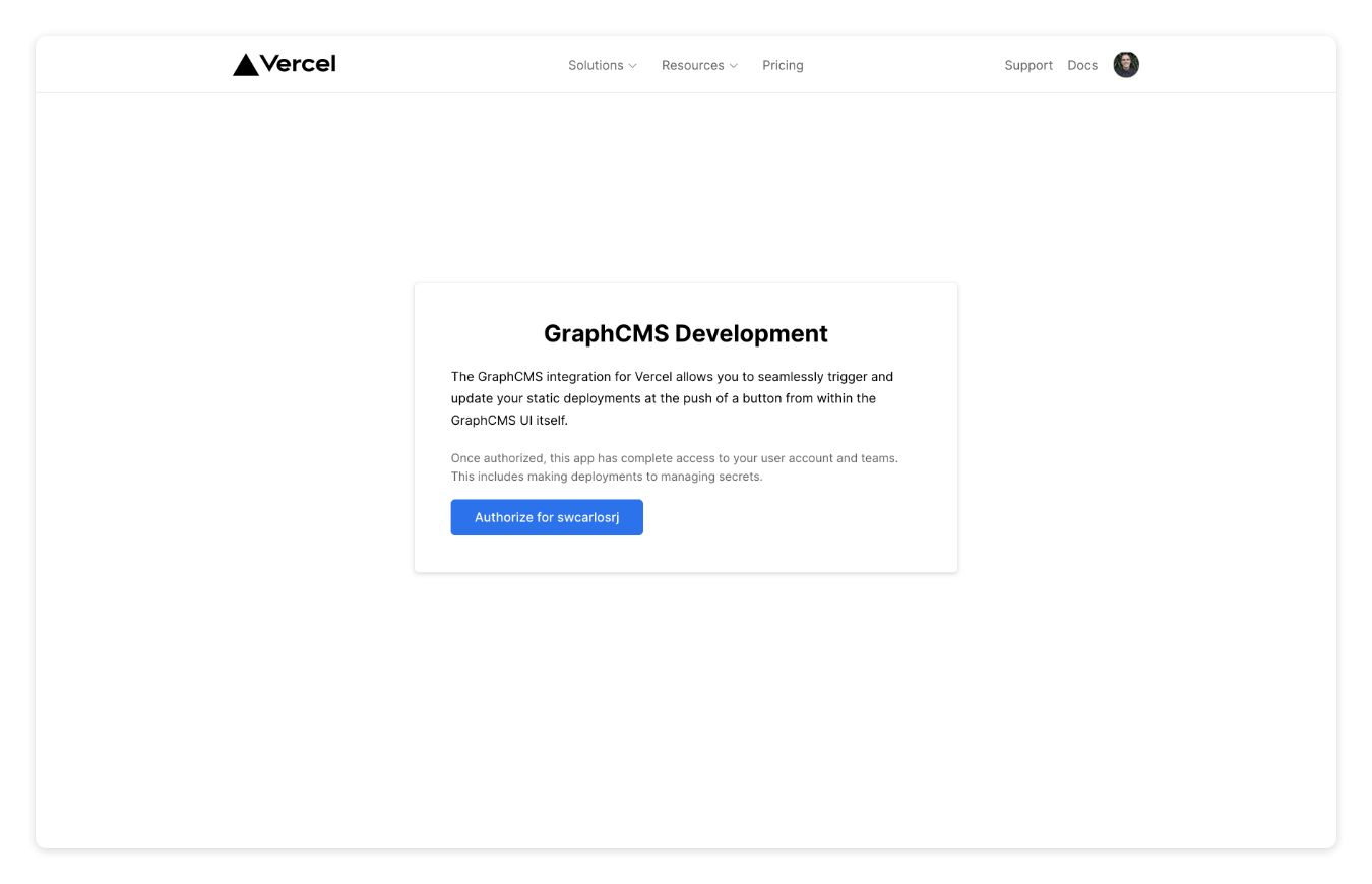 Step 4 - Authorize GraphCMS in Vercel