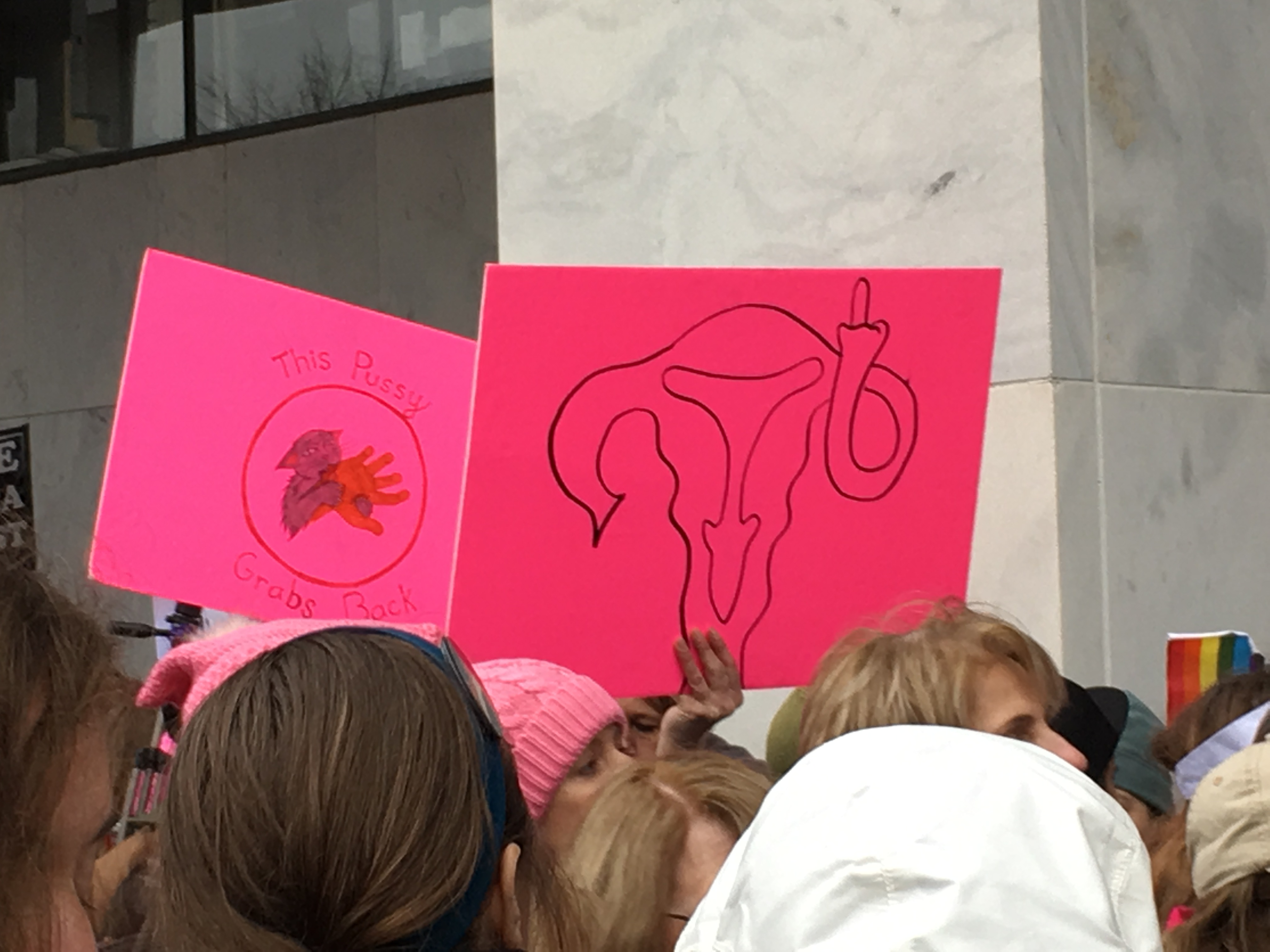  A sign with a uterus that looks like it is holding up a middle finger