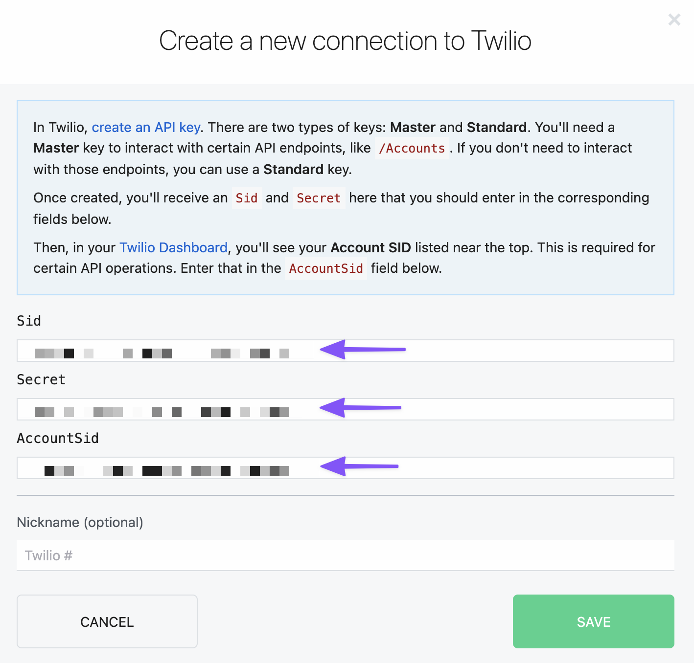 Connect Twilio API keys