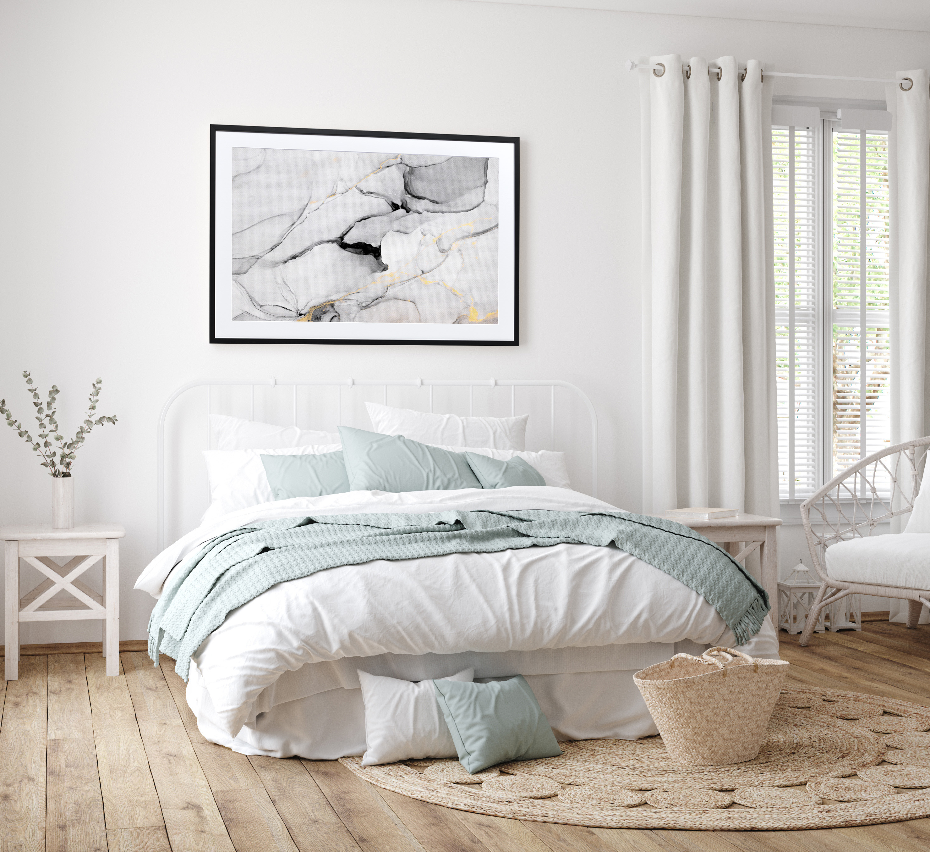 Framed print of abstract wall art above bed