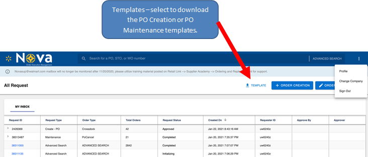 Download options for templates include PO Creation and PO Maintenance
