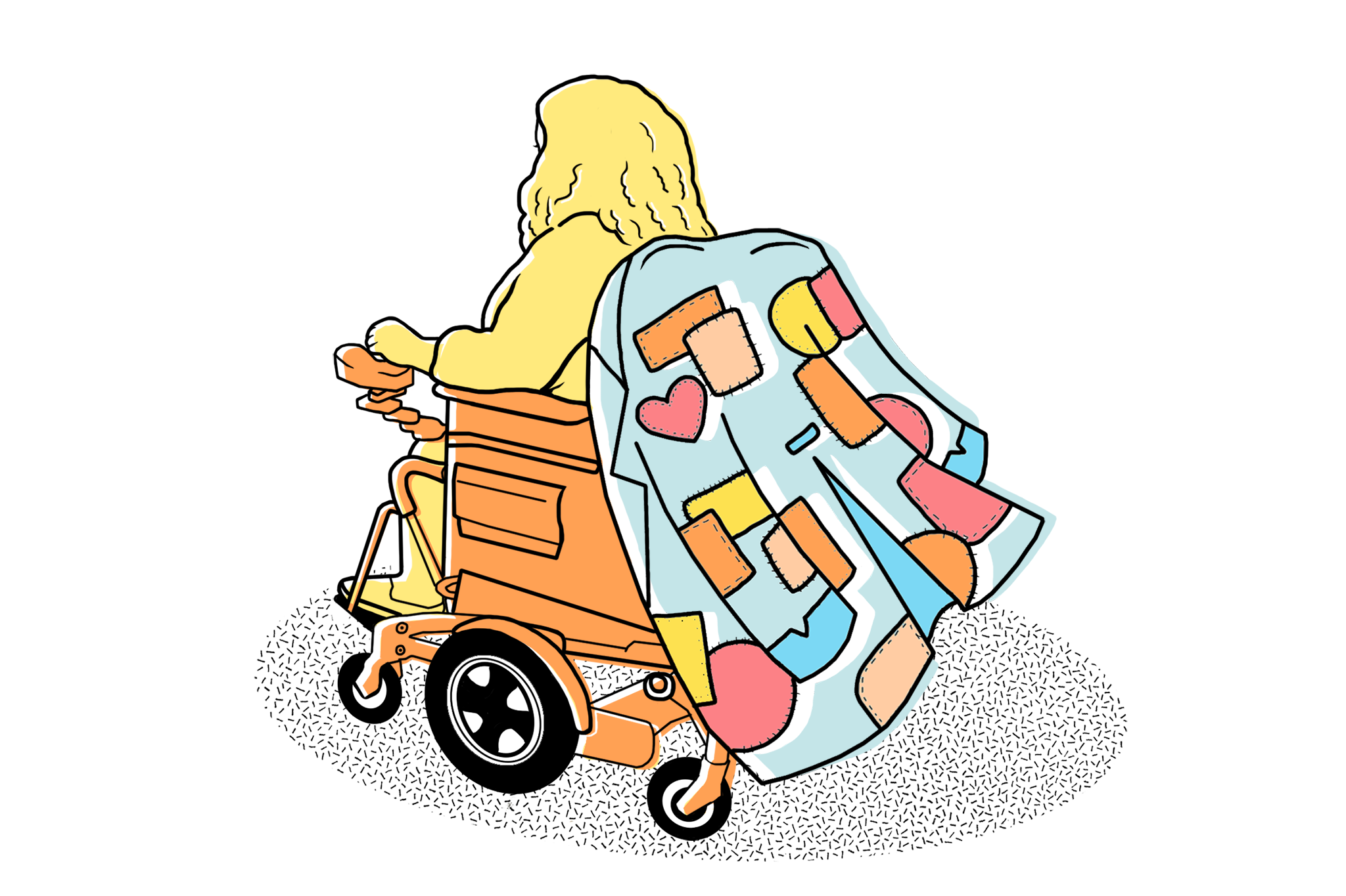 An illustration of a person in a wheelchair with a coat draped over the back that has many repaired patches