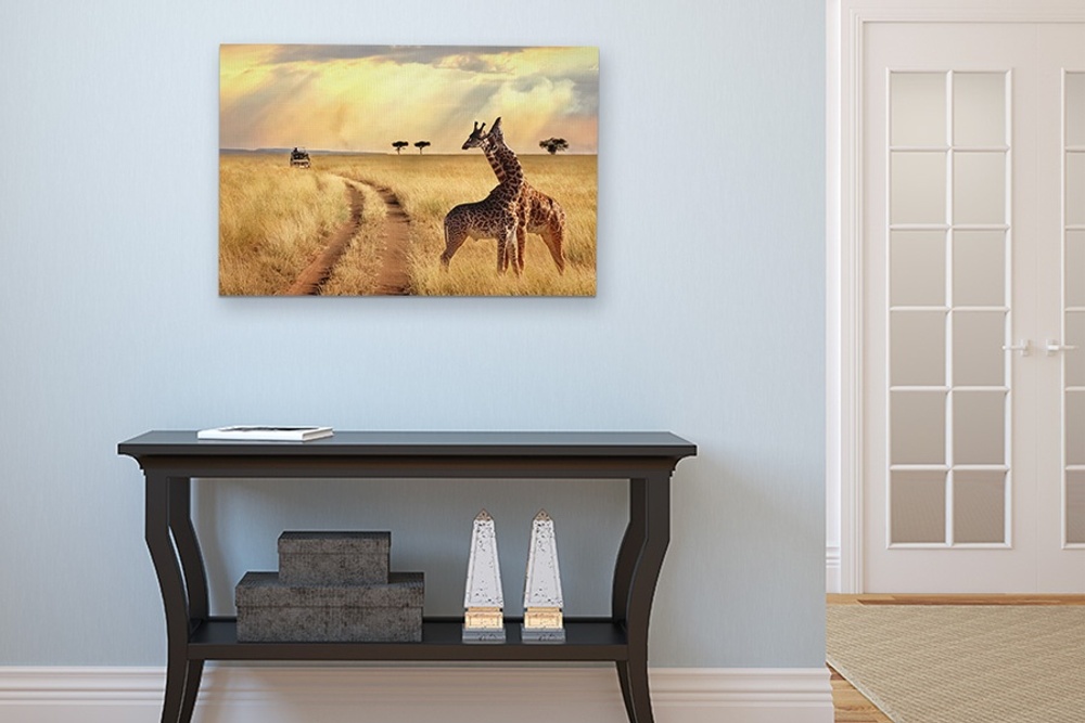A giraffe safari canvas print hung up in a living room against a light blue wall.
