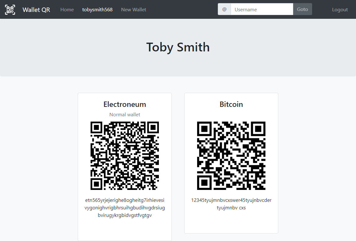 Screenshot of a Wallet QR profile with two cryptocurrency wallets displayed on it