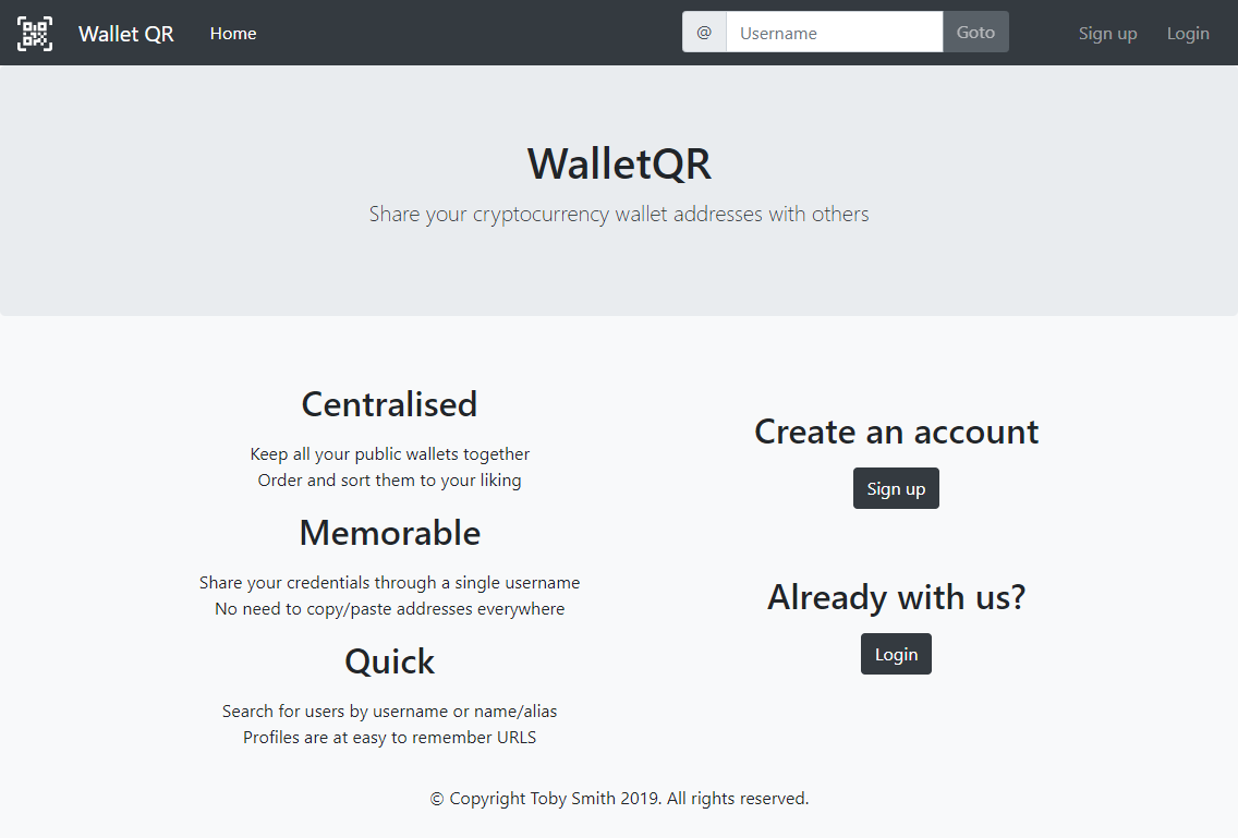 Screenshot of the Wallet QR web app homepage