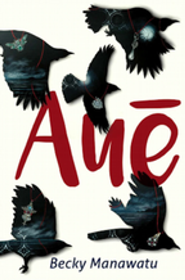 Book cover for Auē: Illustration of five black tui silhouettes on a white background  