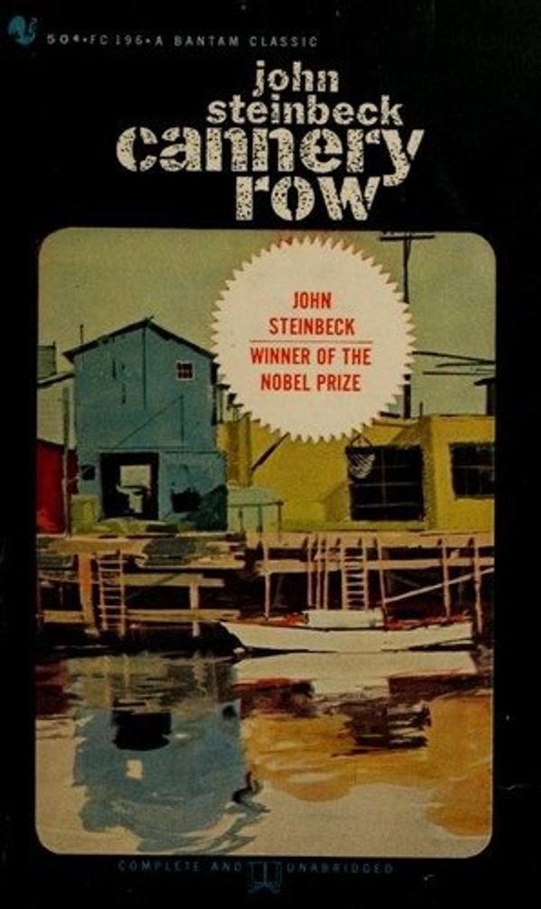 Book cover for Cannery Row: illustration of a row of boat sheds with a small boat in the water in the foreground