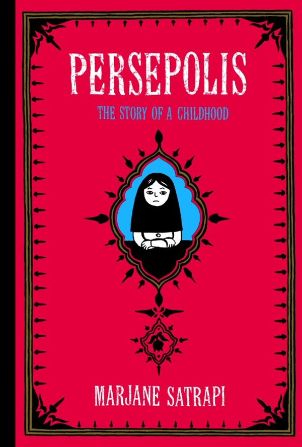 Book cover for Persepolis: a red cover with a cartoon illustration of a girl frowning with crossed arms wearing a black head covering.