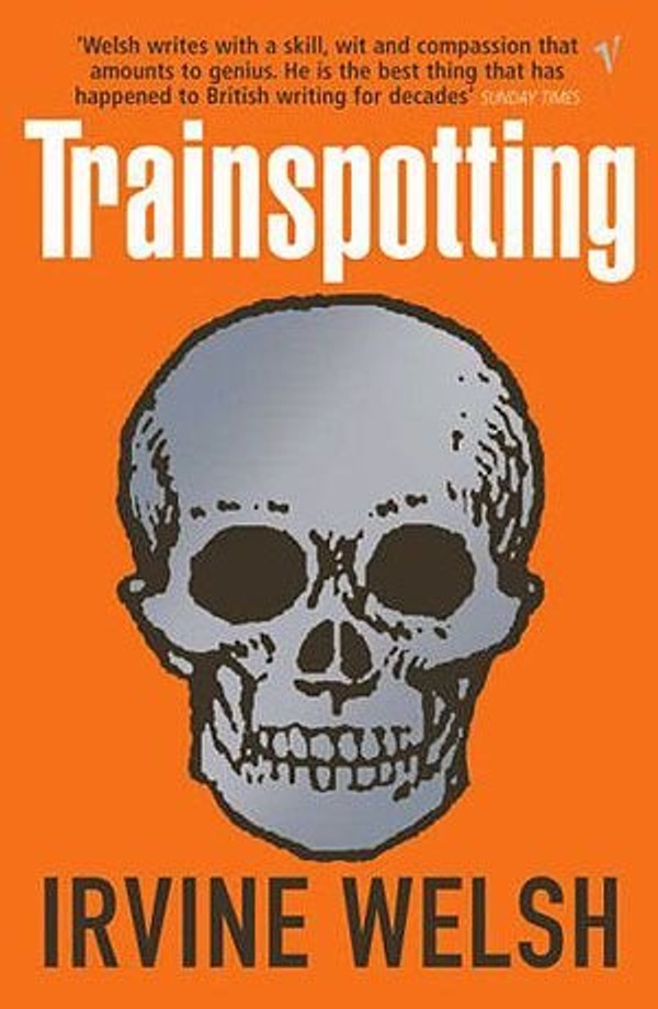 Book cover for Trainspotting: An illustration of a skull on an orange background