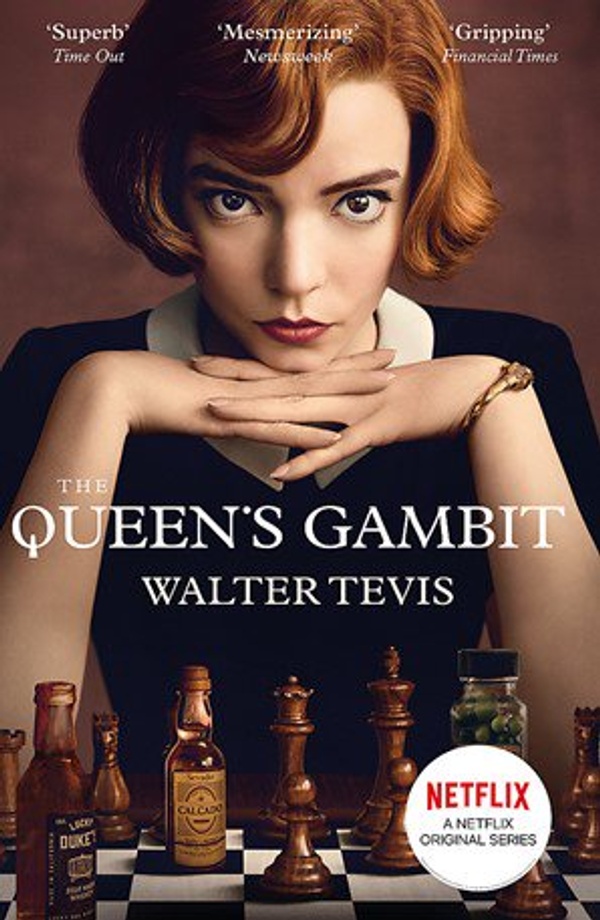 Book cover for the Queens Gambit: A young woman rests her chin in her hands and looks intently at a chess board (only some of the playing pieces are mini bottles of alcohol)
