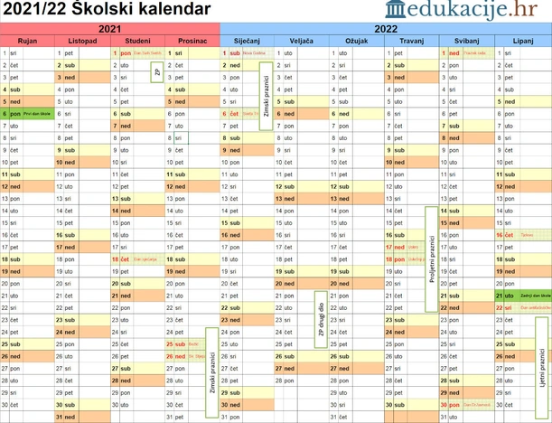 Školski kalendar u školskoj godini 2021./2022.