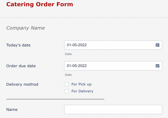 Catering Online Order Form with Menu