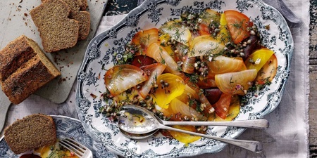 A beautiful wedding starter with layers of golden beetroot and a caper dressing. Photo credit: jamieoliver.com/recipes/vegetables-recipes/vegan-beetroot-carpaccio/