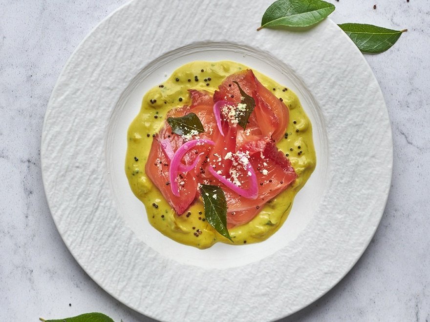 Appetiser: Carpaccio of home-cured Shetland salmon, mustard caviar, curry leaf snow