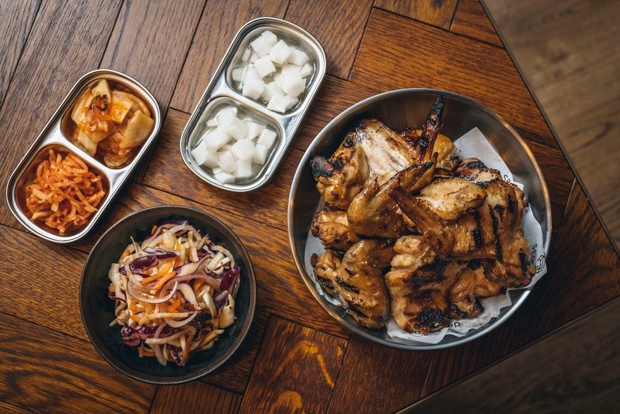 Seoul Bird: Bucket of grilled chicken, Asian slaw, pickled daikon and kimchi