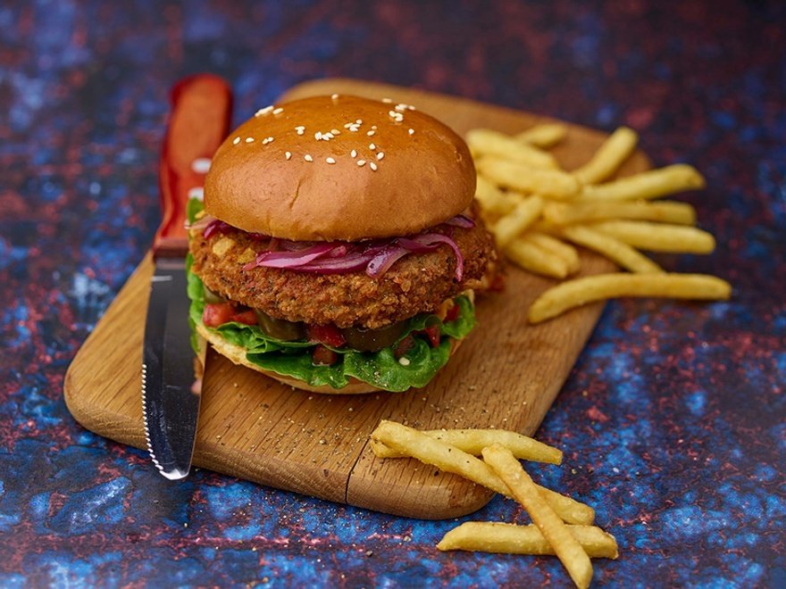 Central Foods' KaterVeg Flamin' Inferno burger