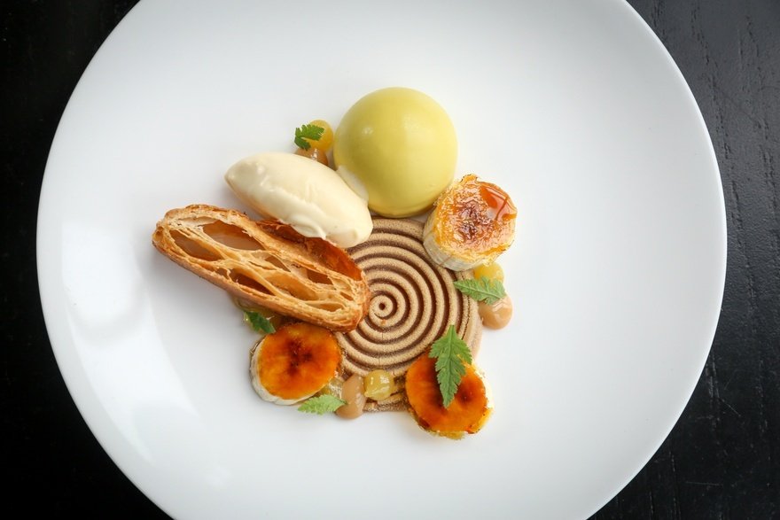 Caramelised banana, puff pastry, toffee mousse, bay leaf ice-cream