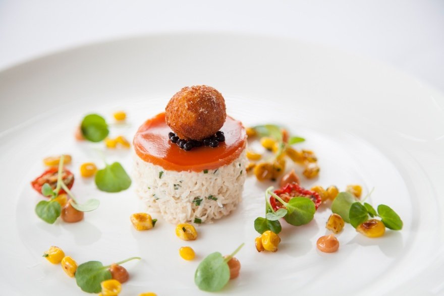 Crab with tomato, sweetcorn and a crab fritter