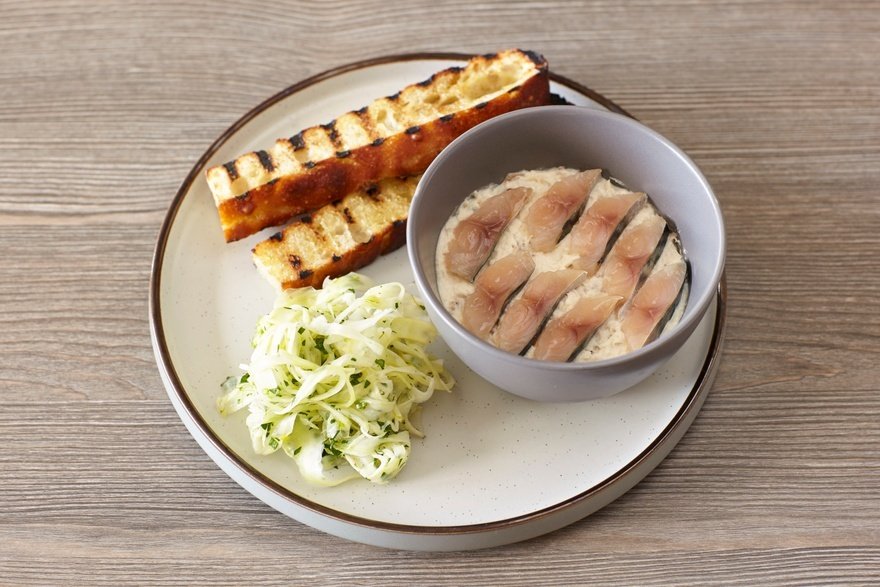 Mackerel pâté, pickled cucumber and grilled focaccia