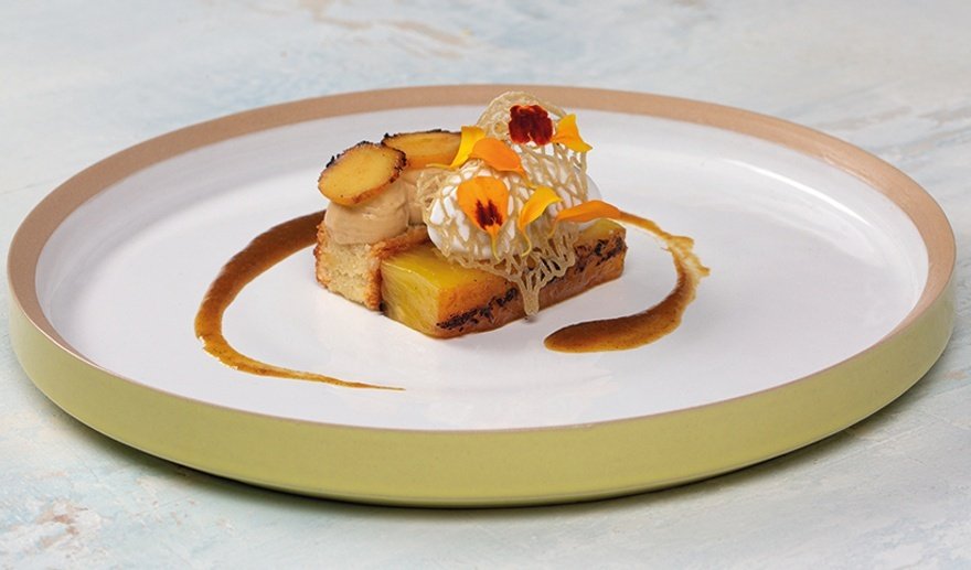 Meadowsweet cake, miso mousse, grilled pineapple and coconut sorbet