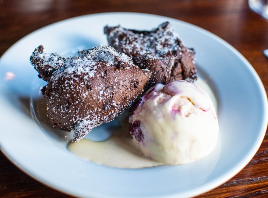 Chocolate fritters and sour cherry milk ice