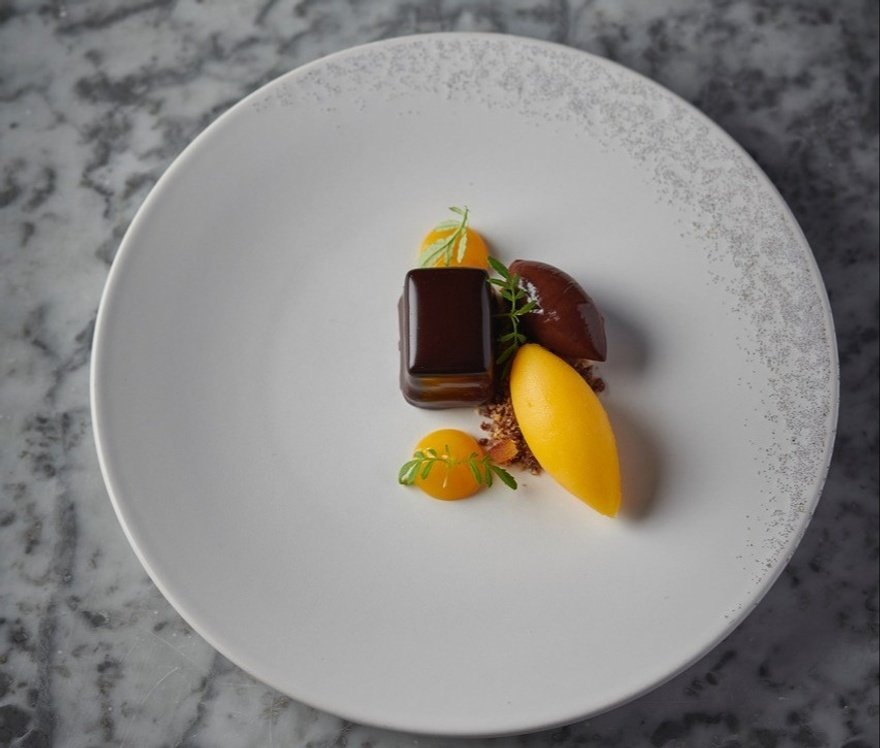 Chocolate and clementine delice, clementine sorbet and dark chocolate