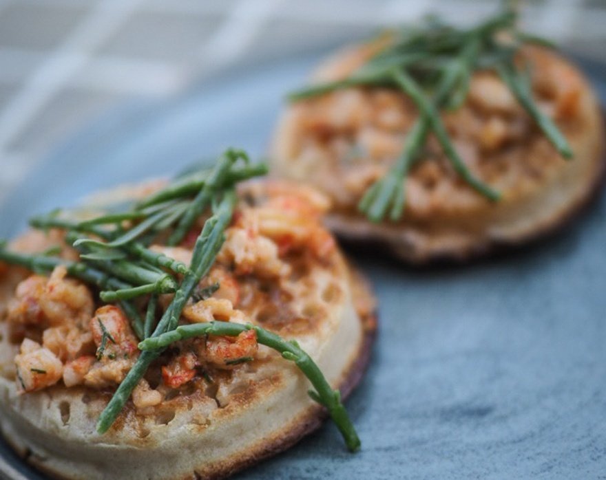 Crumpets with devilled potted crayfish