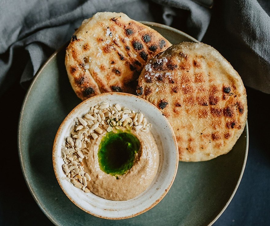 Grilled flatbreads, sunflower seed dip