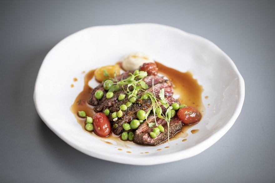 Beef bavette, peas, soused tomatoes, anchovy