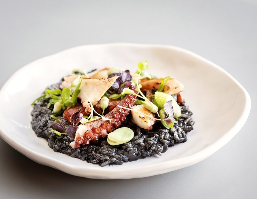 Octopus, squid ink risotto, broad beans