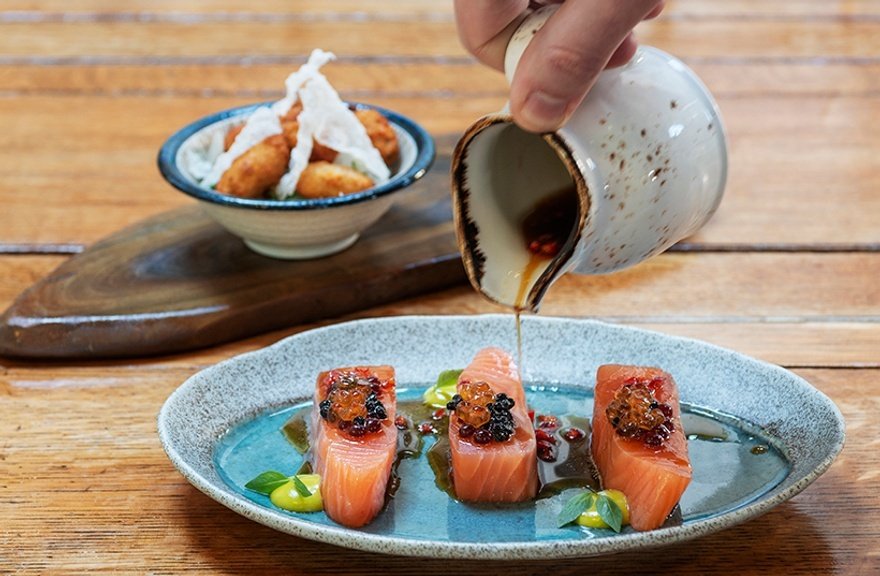 Home-cured salmon, caviar, breaded mussels, soy, chilli