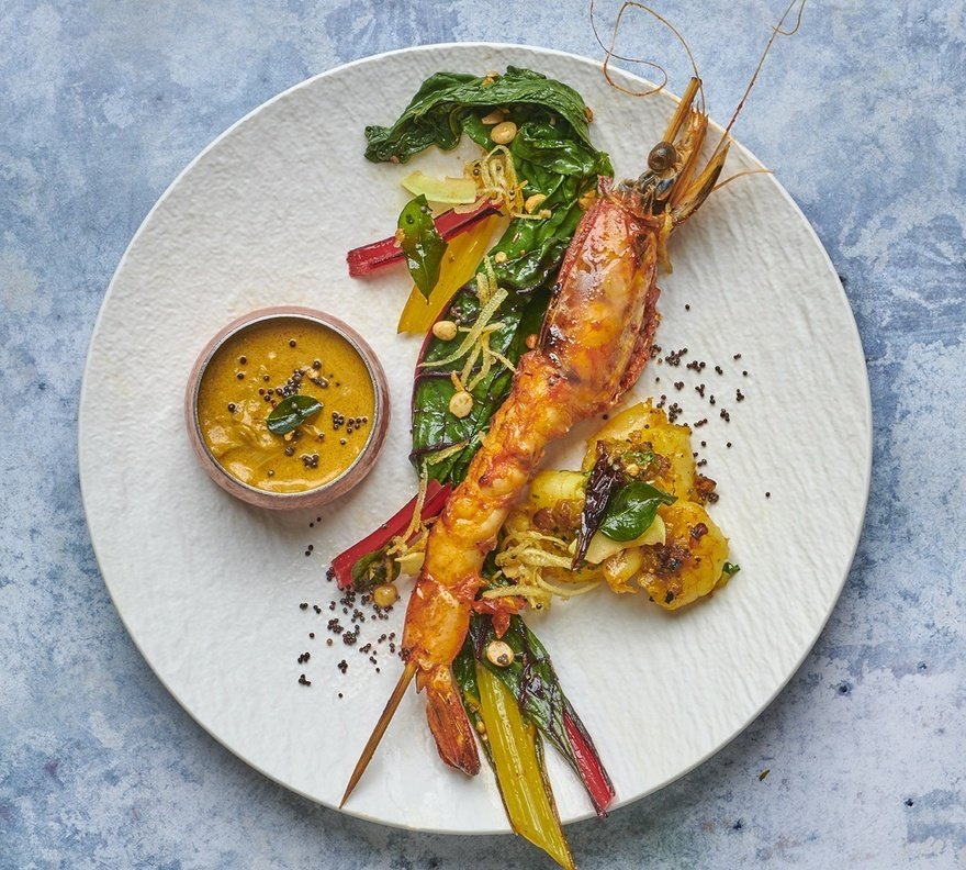 The Cinnamon Club's 20th anniversary menu – First main course: Grilled Spencer Gulf king prawns, Alleppey curry sauce