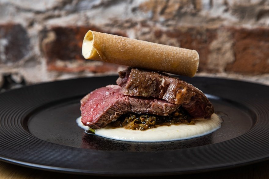 35 day aged salt chamber beef - beer cabbage, white onion puree, beef fat chips, Bearnaise tuile