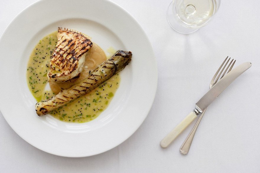 Turbot roasted on the bone, grilled leek and caviar butter