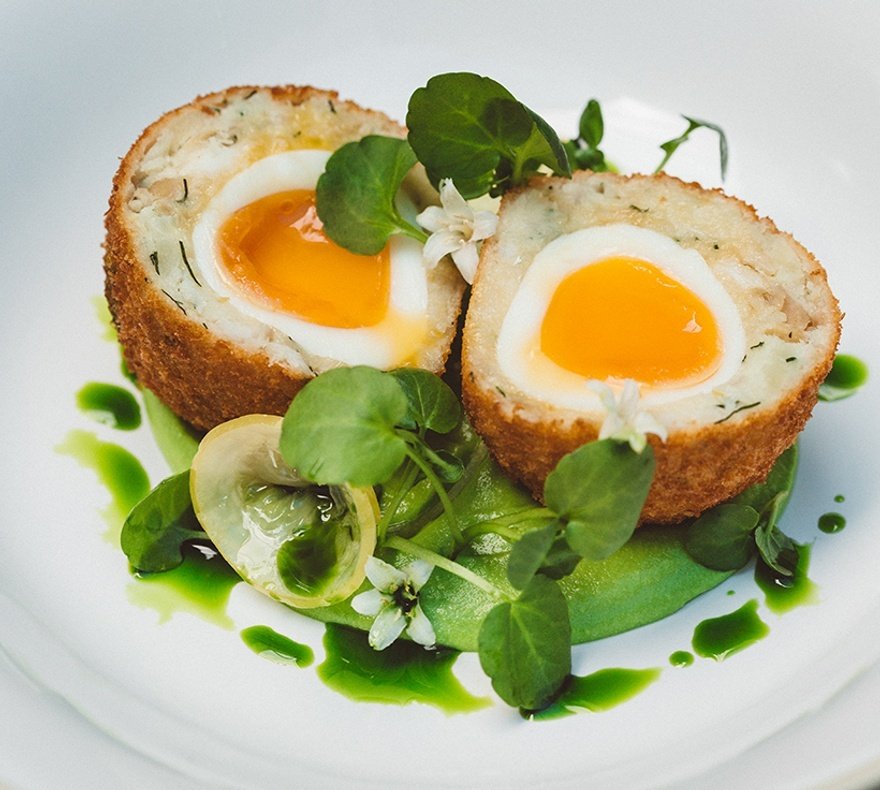 Smoked haddock Scotch egg with confit lemon and watercress velouté