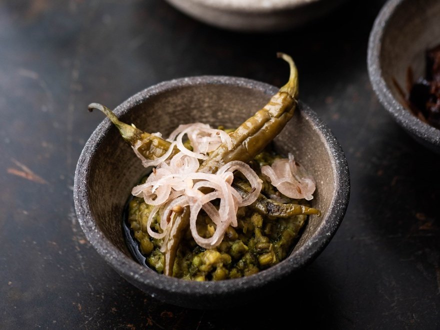 Country-style mung bean curry, coconut, pickles, curry leaf oil