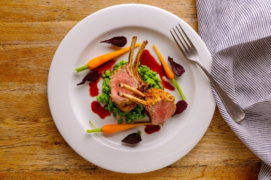 New Zealand rack of lamb, peas, beetroot and carrots