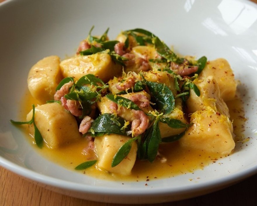 Potato dumplings, potted brown shrimp and spinach
