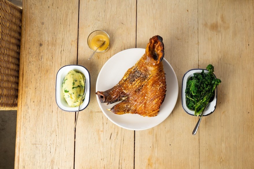 Pig's head for two, apple ketchup, trivet potatoes and Clinks Farm greens