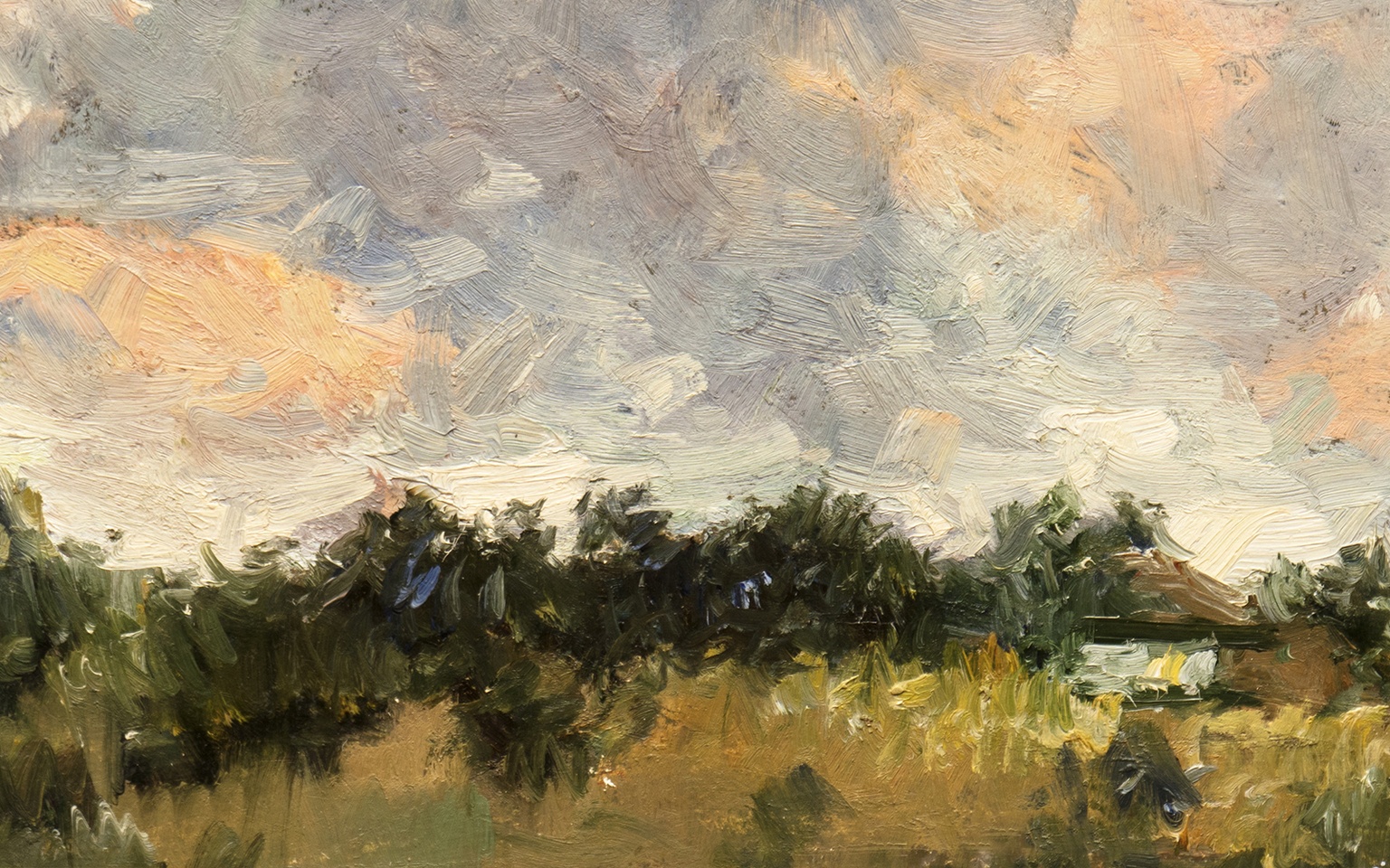 A water painting of land and sky at dusk