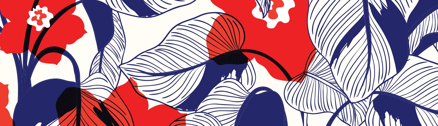 An illustration of a red flower with navy blue leaves