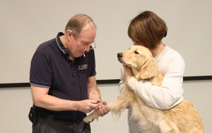 Dr. Roger Clemmons, and instructor at Chi, performing hemoacupuncture on a golden retriever.