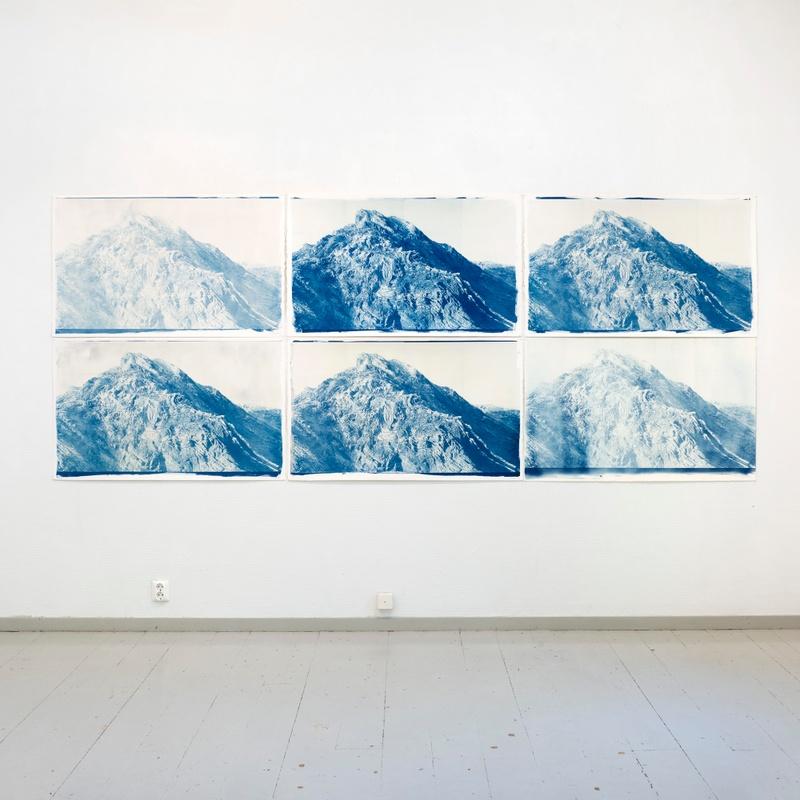 Torn, 2021. Cyanotype on Arches watercolor paper, natural white, 356g/m2, 100% cotton, acid free. Installation view at Galleria Becker by the occasion of "Affection Adrift" exhibition, Summer 2021. Photograph by Maija Holma.