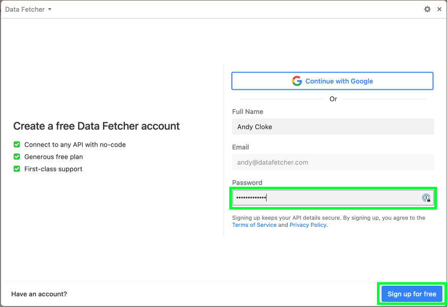 Sign up to Data Fetcher 